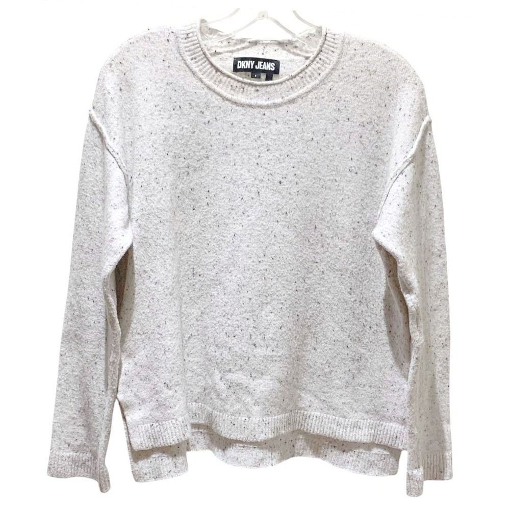 DKNY Jeans Womens S Fisherman Roll Neck Sweater White Speckled Cotton Blend Boxy